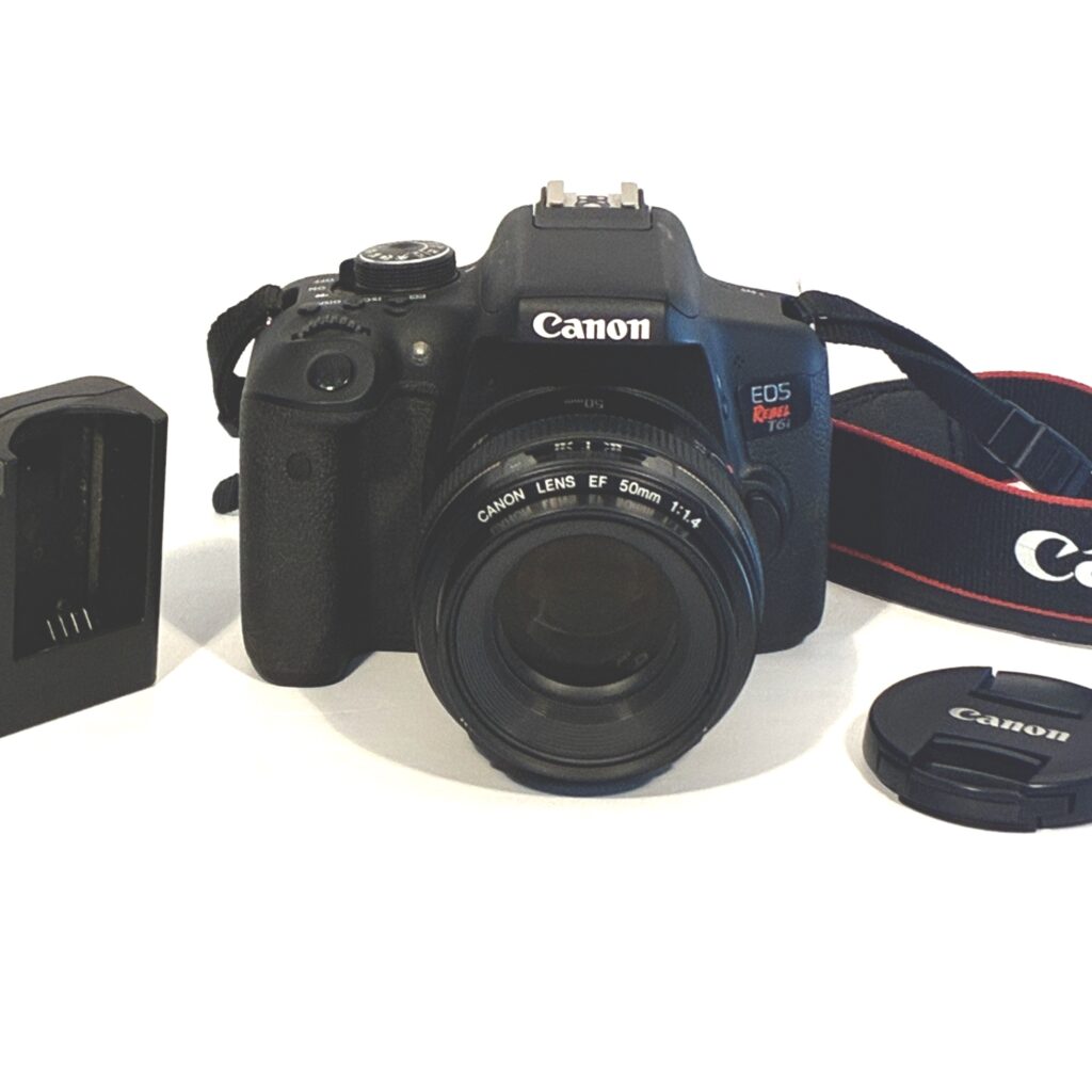 For the featured image on both the article page and the product listing, here's alt text that follows accessibility best practices (describes what's actually in the photo) while naturally working in your focus keyword for SEO: Suggested alt text: Used Canon EOS Rebel T6i camera with Canon EF 50mm f/1.4 lens, battery grip, strap, and lens cap
