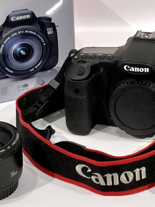 Used Canon EOS 60D camera with Canon EF 50mm f/1.8 STM lens, strap, charger, and battery